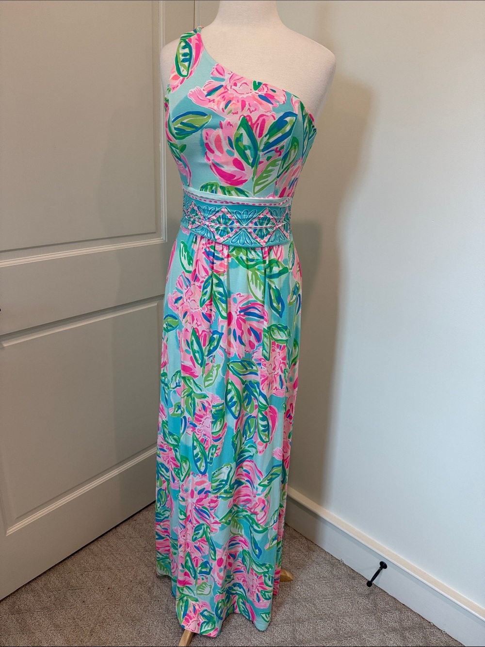 Lilly Pulitzer One-Shoulder Floral Maxi Dress in Aqua, Pink, Green